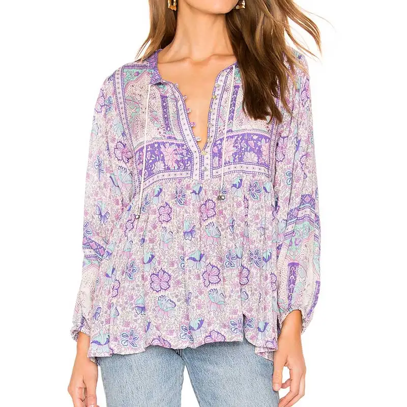 BOHO вдохновленная блуза Boho с цветочным принтом, с длинным рукавом и О-образным вырезом, богемные свободные женские топы, повседневные шикарные весенне-летние блузки