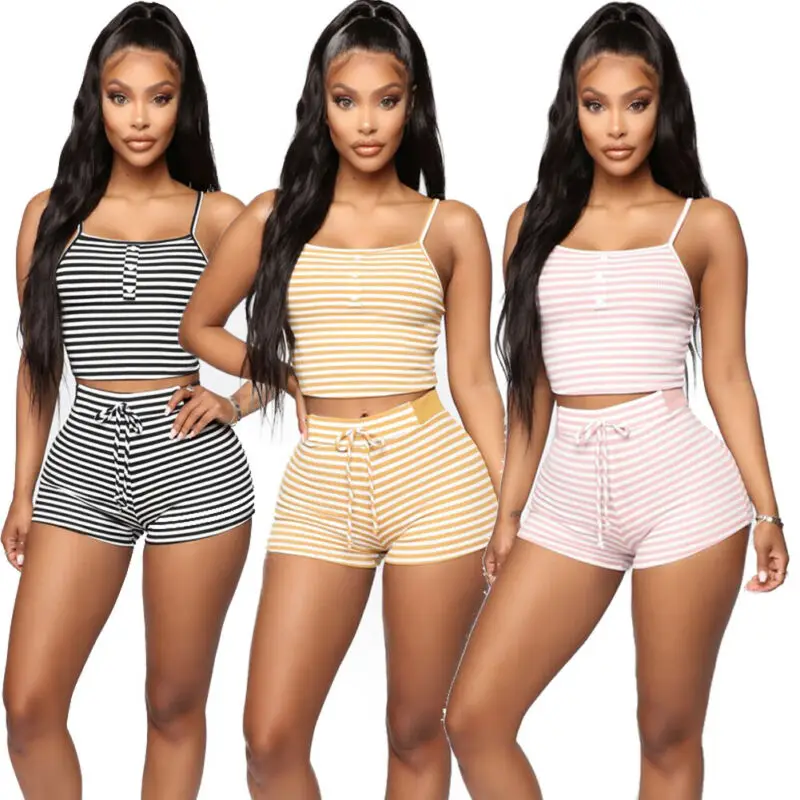 Женский укороченный топ в полоску без рукавов + шорты пляжный костюм с эластичной