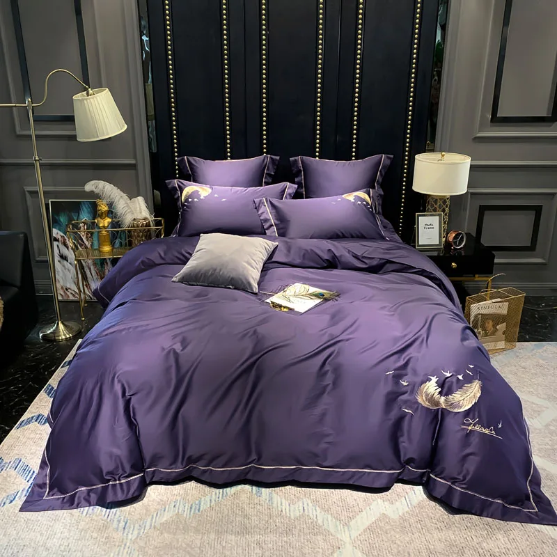 

Luxury 60S Egypt Cotton Feather Pure Bedding Set Embroidery Duvet Cover Bed Sheet Pillowcases Queen King size 4Pcs Small Pillow