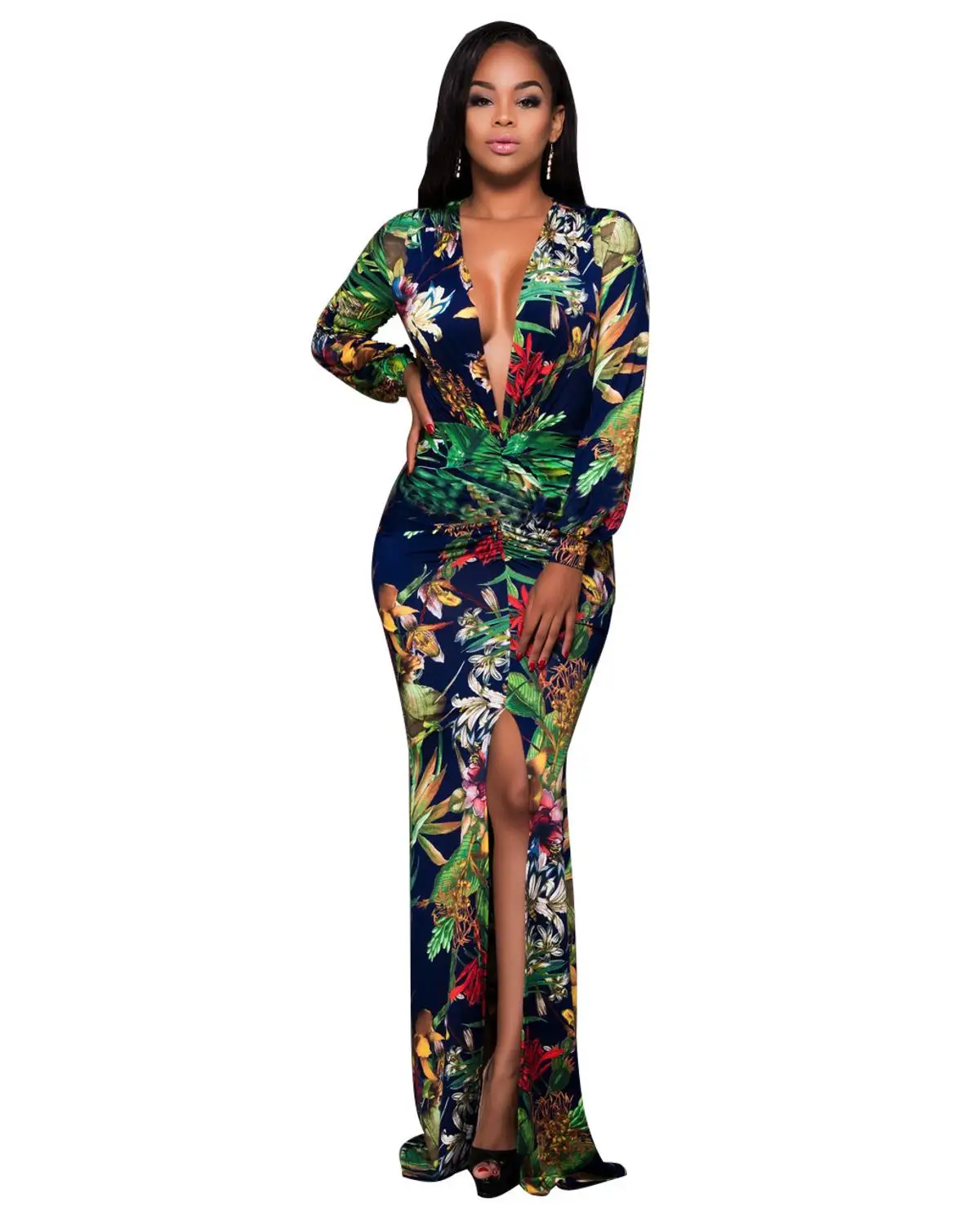

Women Sexy Long Sleeve Dress V Neck Maxi Dress Female Pullover Robe Party Elegant Vestidos Women Pack Hip Bodycon Split Dresses