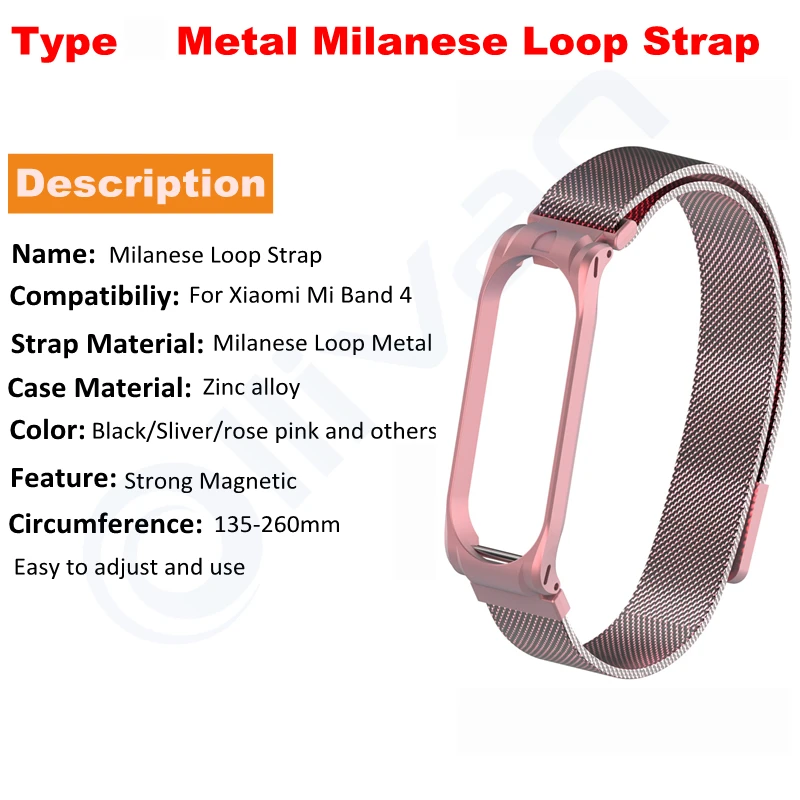Металлический браслет mi lanese Loop, ремешок на запястье для Xiaomi mi, браслет 4, магнитные браслеты mi Band 4, металлические ремни, розовый mi Band4 Correa