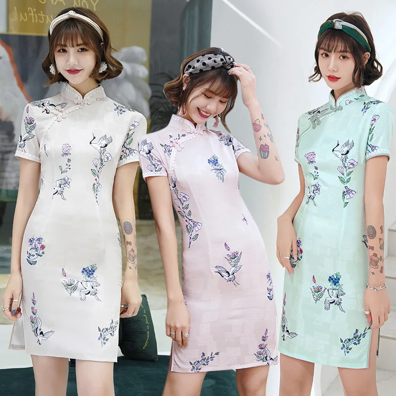 

FZSLCYIYI Ladies Chinese Clothing Satin Silk Cheongsam China Style Elegant Daily Traditional Dress Mandarin Collar Print Qipao