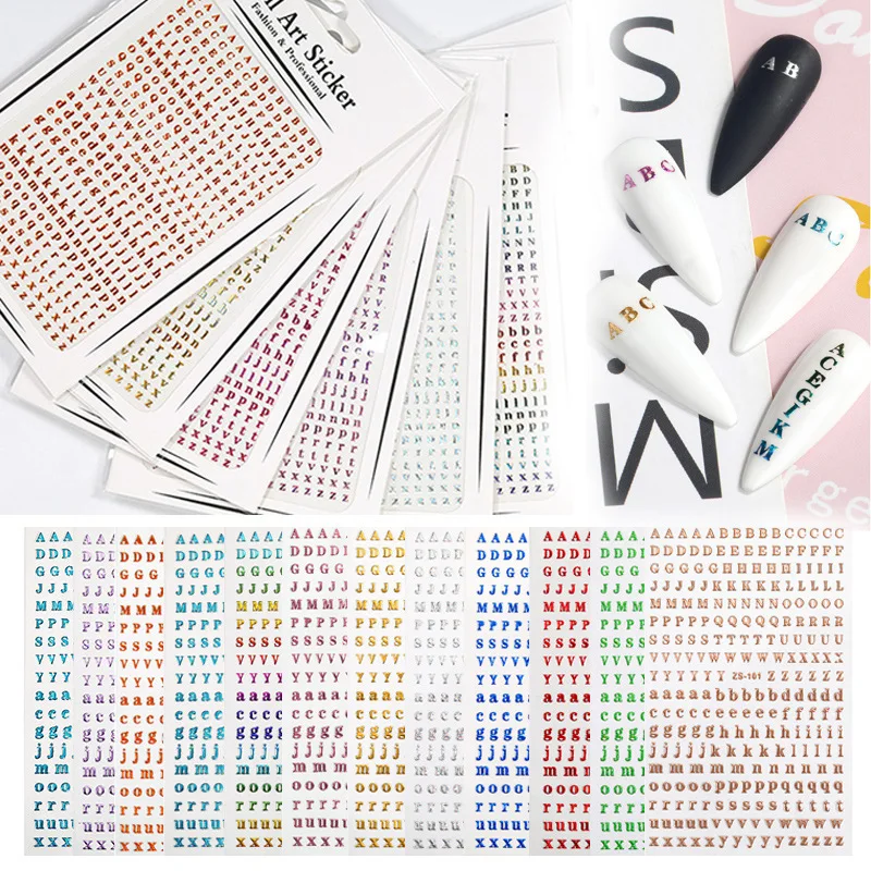 

1Pc Holographic English Letter Nail Art Stickers 3D Alphabet Designs Colorful Self-adhesive Nail Decals Manicure UV Polish Tips