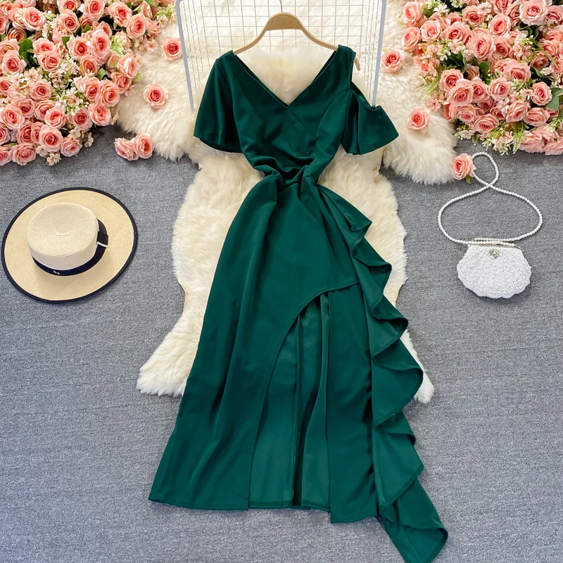 

Женское однотонное платье-макси с V-образным вырезом, открытыми плечами и разрезом, летнее приталенное платье-трапеция с высокой талией, 2021