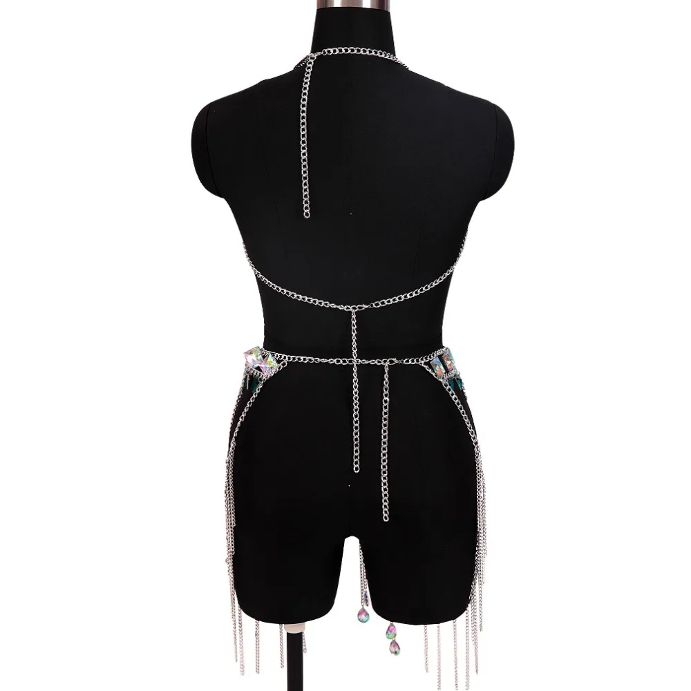 Boho 1 комплект, металлическая цепочка, бюстгальтер на бретельках для тела, кристалл, нагрудный ремень, украшение с зажимом, блестки, клетчатый Топ, плюс размер, женская одежда в стиле рейв на Хэллоуин