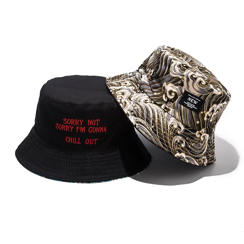 Soft Bucket Hat Man Women Outdoor Sports Hip Hop Cap Embroidery Wave Double Side Summer Cotton Fishing Sun Hat Panama For Hats