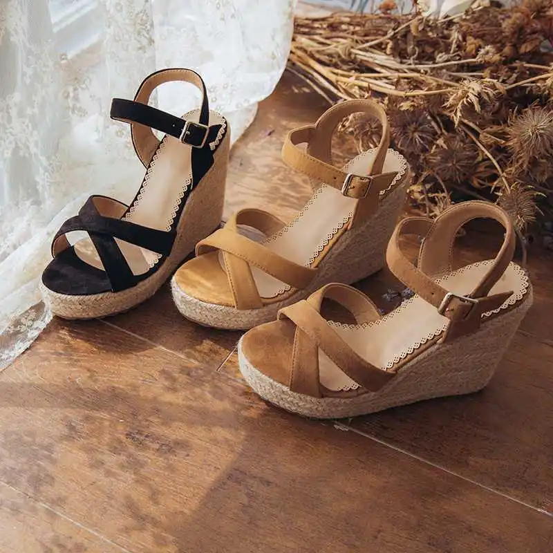 

Tuyoki Women Wedges Shoes Open Toe Ankle Strap Buckle Women Sandals Solid Color Casual Outdoor Beach Female Zapatos Size 34-43