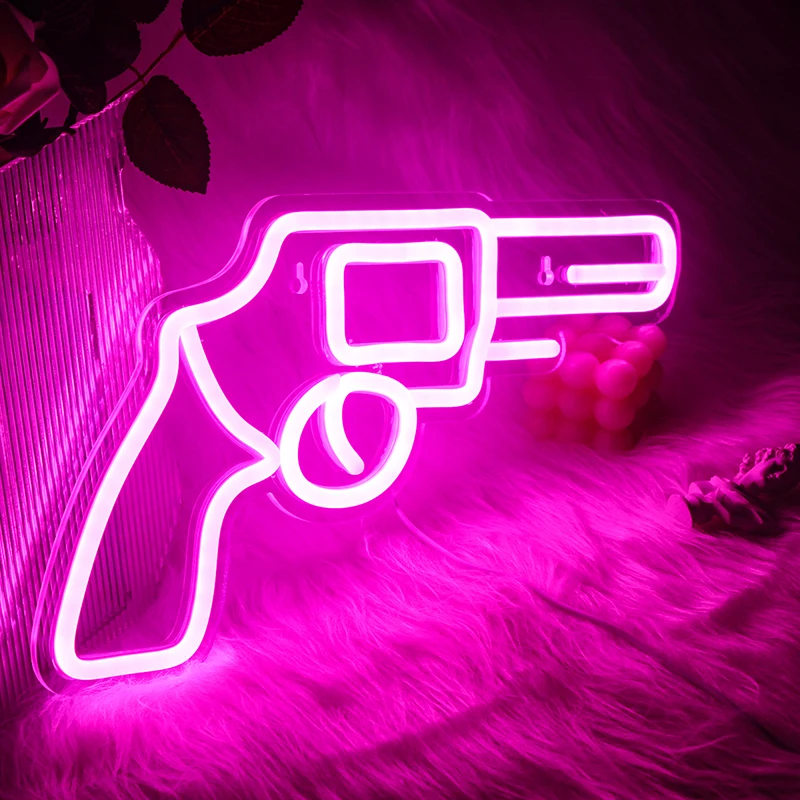 Wanxing Neon Sign Lights Pink Gun Pistol Shaped Wall Hanging Art Night Lamps For Bedroom Game Room Decor Usb Witch Switch | Освещение