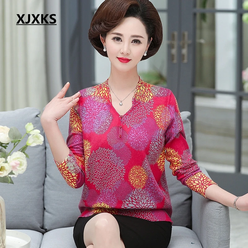 Женские свитера с длинным рукавом XJXKS Повседневные вязаные пуловеры принтом