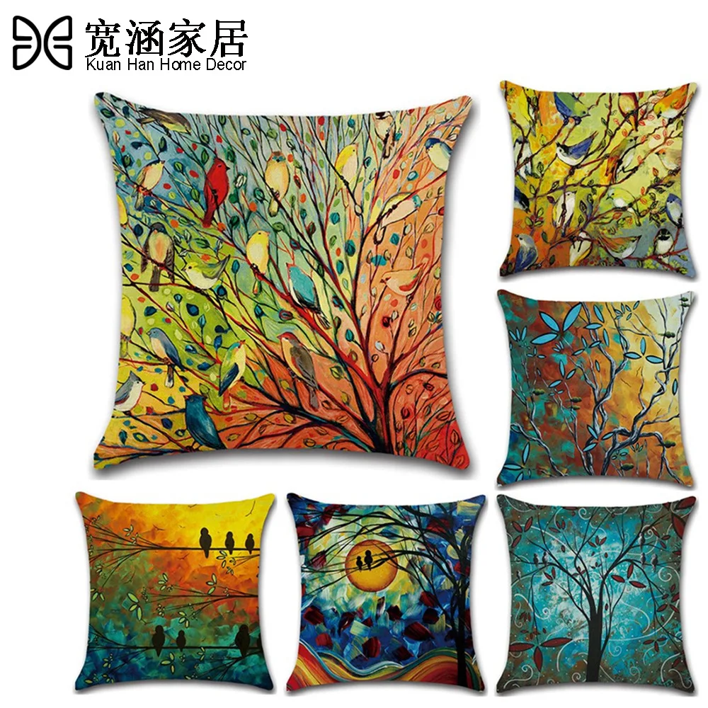 

Oil Painting Pillowcase Bird Forest Cotton Linen Pillow Case Cushion Cover Home Bed Sofa Car Decor Pillow Covers 45*45cm