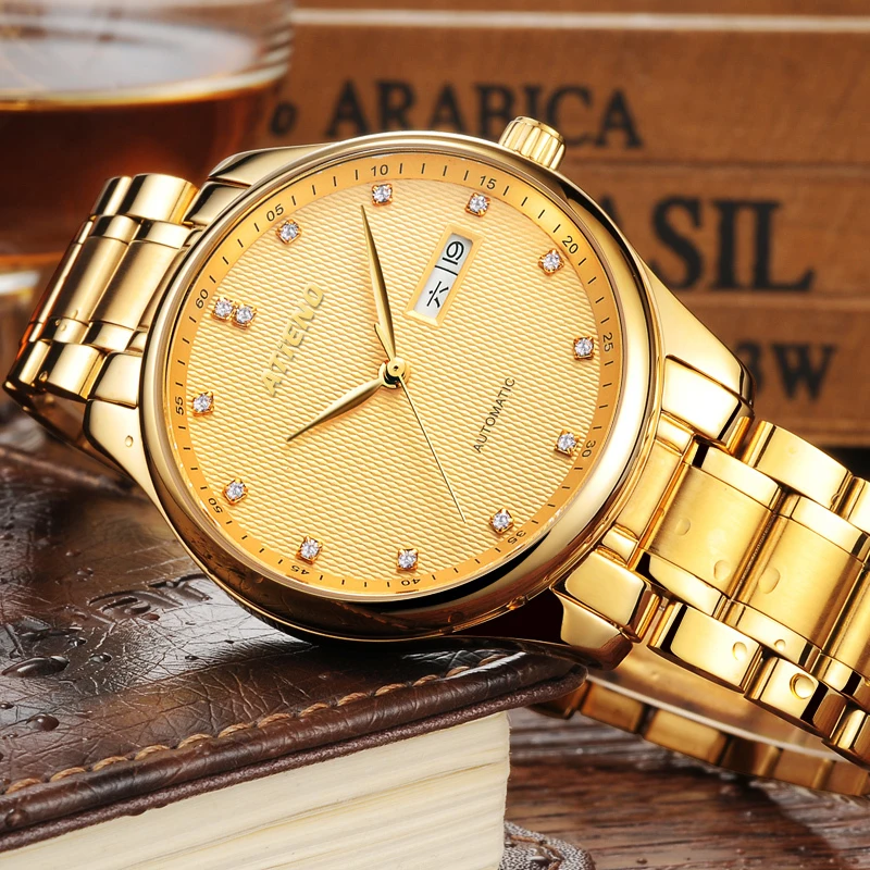 Мужские наручные часы ATIENO роскошные золотистые из нержавеющей стали 3 АТМ |