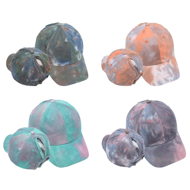 

HanXi New Tie Dye Ponytail Baseball Caps Women Fashion Cotton Sun Hat Visor for Lady Girls