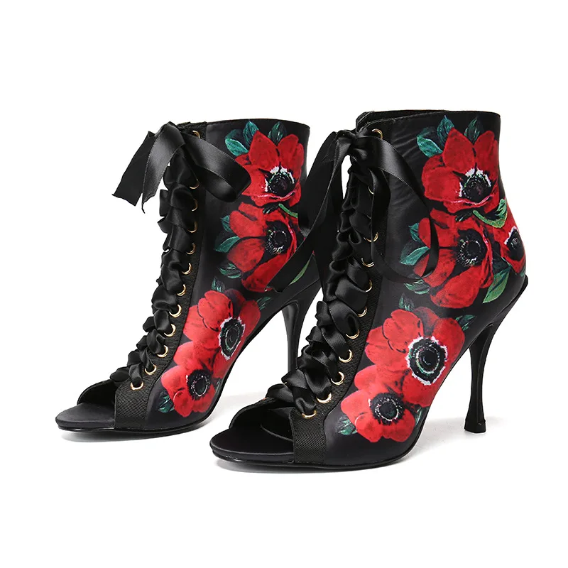 

Lady 2020 Hot Selling Peep Toe Boots Lace Up Flower Printing Luxury Leather Thin Heel All Match Fashionable Female Booties