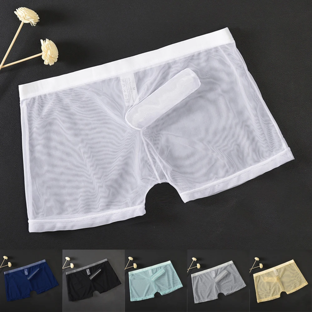 Мужские прозрачные сетчатые трусы боксеры однотонные шорты одежда для