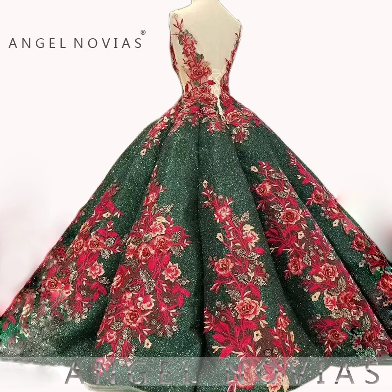 ANGEL NOVIAS Long Puffy Ball Gown Arabic Wedding Dresses 2019 with Appliques Sequins Vestido de Novia Bridal Gowns