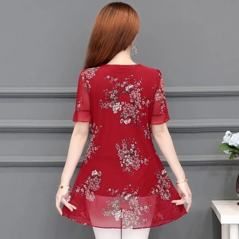 

Women Tops and Blouses Flower Print Chiffon Blouse Plus Size 6XL Shirt Summer Short Sleeve Womens Shirts Female Clothes Y555
