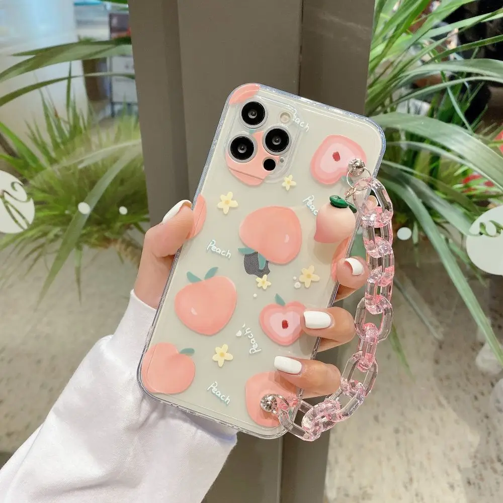 

Cute Peach Wristband Chain Phone Cases For iPhone XR 12ProMax XSMax 8 7 Silicone Back Cover Case For iphone 11 Shell Coque