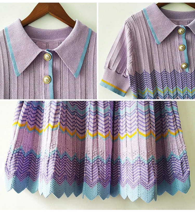 

Chic Fashion Geometric Pattern Summer Dress Women Knitted Dress Short Sleeve Pearl Buttons Slim Dress Woman Dress Vestidos SL525