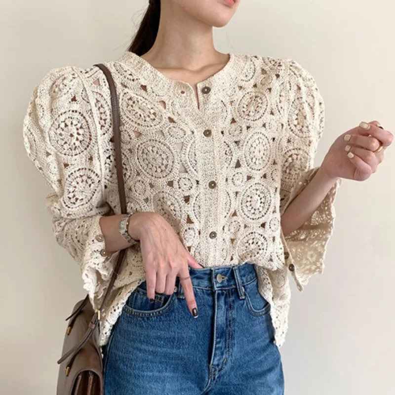 

Корейский Элегантный шик v-образным вырезом для похудения однобортный вязаный полые обувь из тонкого хлопка одежда на каждый день, Пышный р...