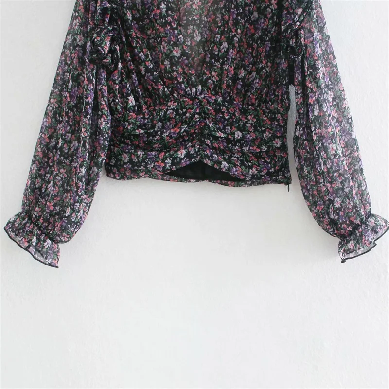 

ZXQJ Women 2020 Fashion Floral Print Ruffled Chiffon Blouses Vingta V Neck Long Sleeve Transparent Female Shirts Chic Tops