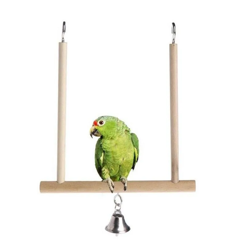 

Parrot Wood Swing Stand Birds Perch Play Toys Natural Wooden Cage Hanging Holder Birdcage Accessories With Bell 18x12.5cm