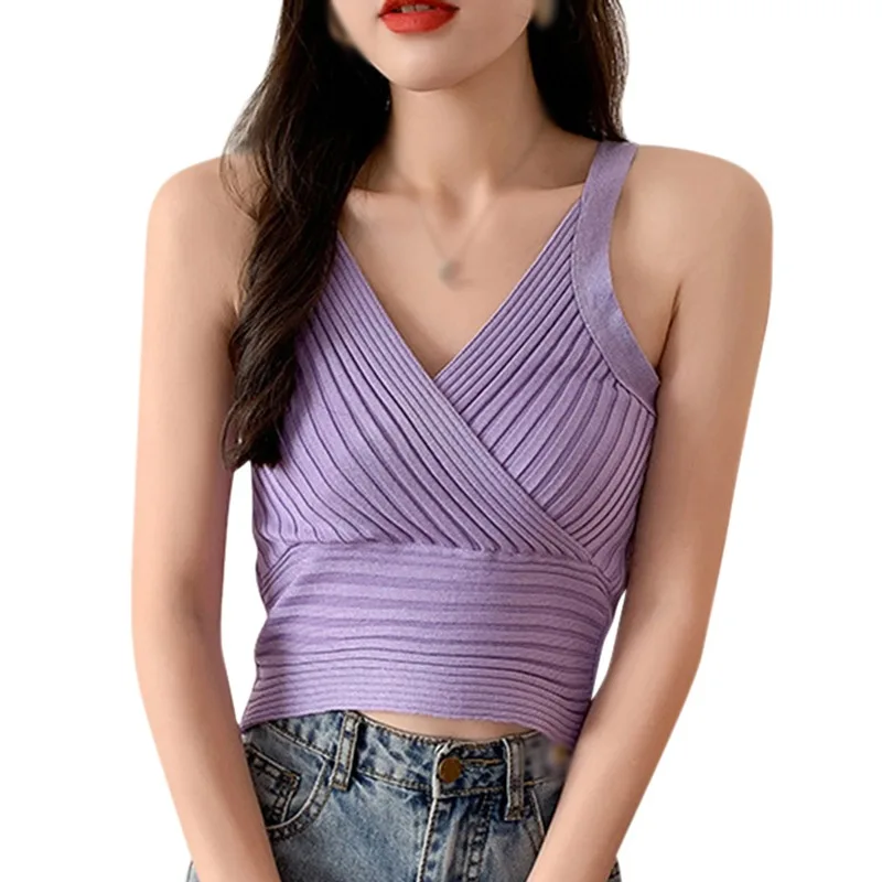 

Ladies V-neck Pit Strip Knitted All-match Sling Sleeveless Cross Top Halter Short Vest Summer Female Crop Top Ladies Camis