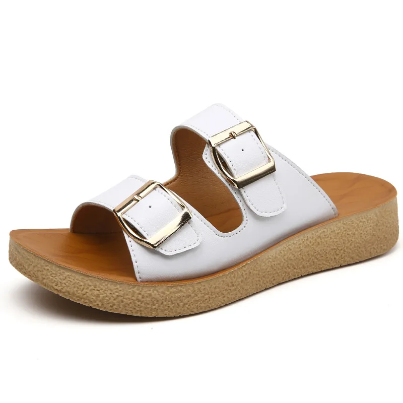 

Cowhide Slippers Woman Summer Flat Soft Sole Student Shoes Casual Buckle Belt Sandals and Slippers Women Beach Shoes