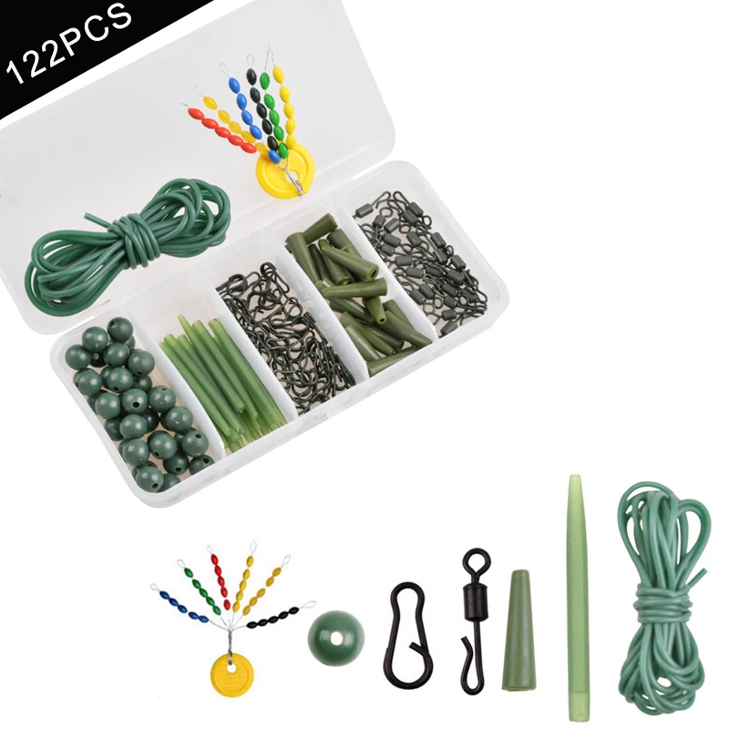 

122 шт./кор. карп; Рыбалка аксессуары комплект быстрая смена Вертлюги анти клубок рукава хвост резиновые для карп; Рыбалка Rig коробка для рыбол...