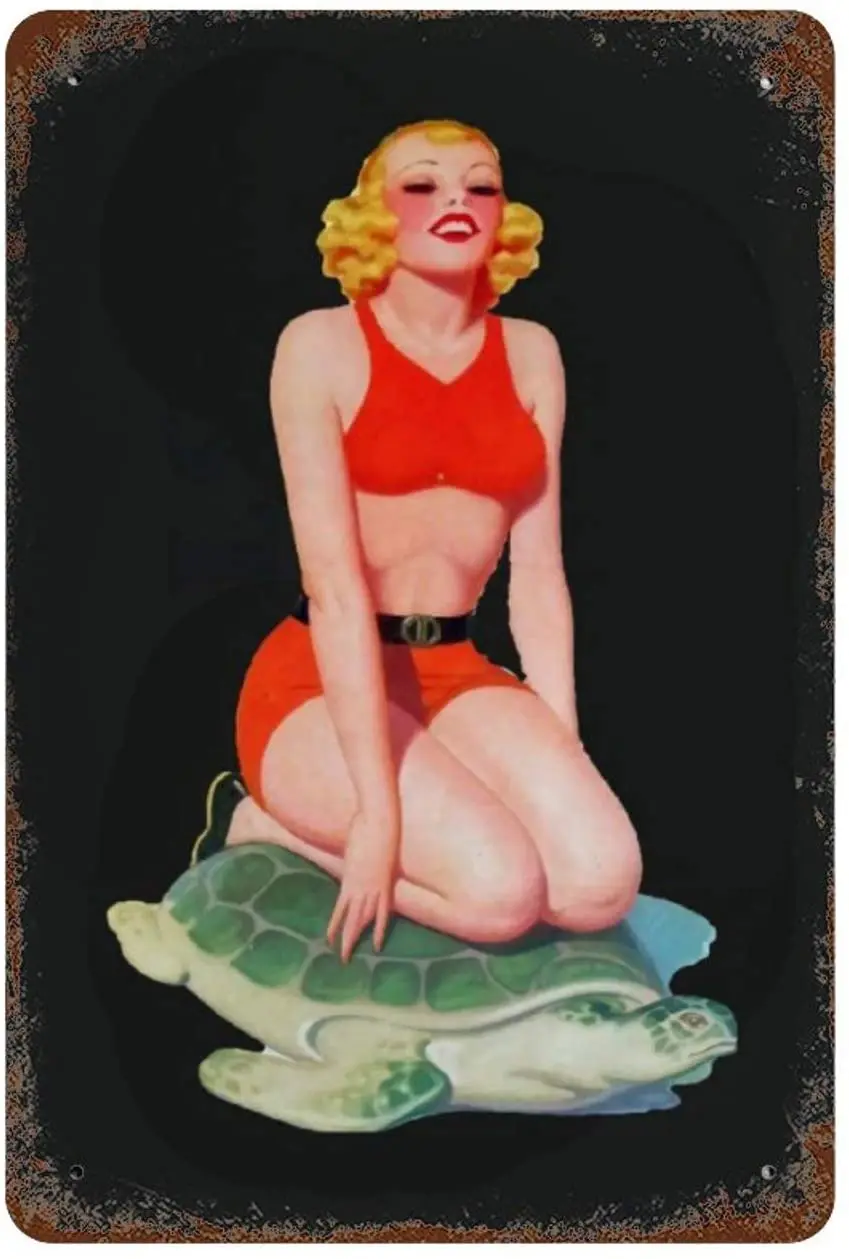 

Hot Girl On A Turtle Vintage Metal Sign, Retro Tin Signs for Store, Bar, Home Decoration Retro Tin Sign30x30cm