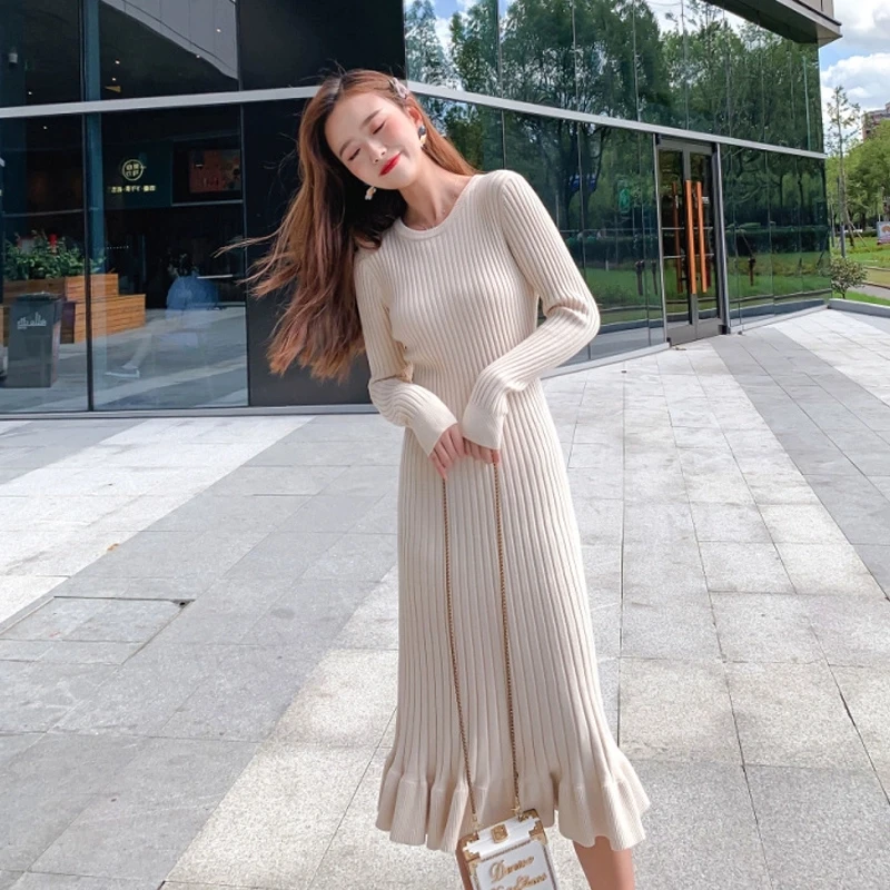 Вязанный зимний свитер платье для женщин Труба Милая девушка с длинным рукавом