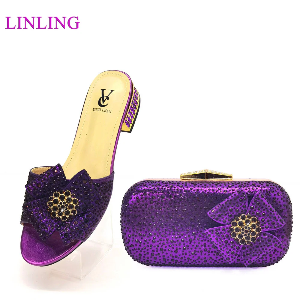

2022 Super High Heels Italian Shoes With Matching Bags Set Nigerian Women's Party Shoes and Bag Sets Royal Purple Color