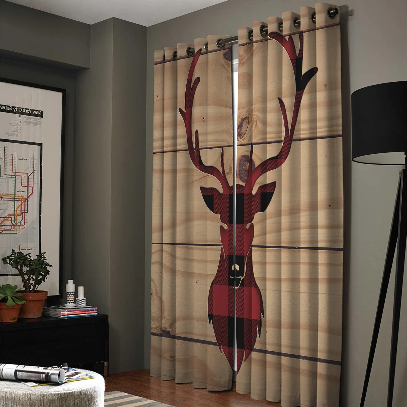 Красные Рождественские Зимние шторы в клетку с изображением оленя занавески для
