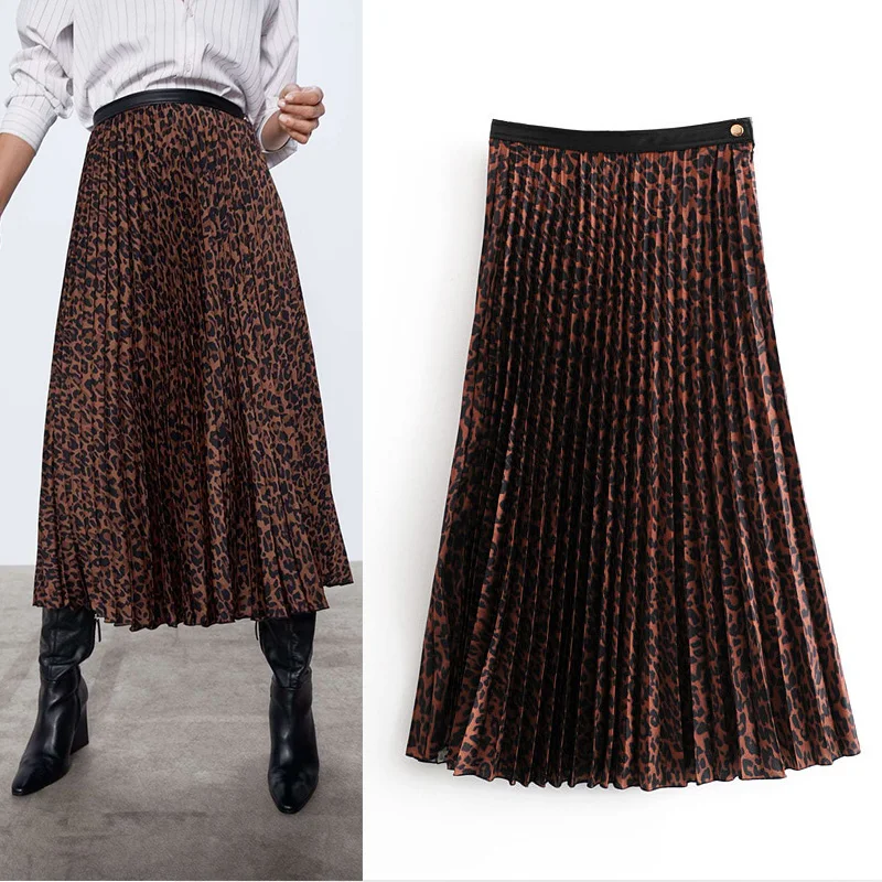 CFK Женская плиссированная юбка длиной до лодыжки леопардовая зернистая хлопок