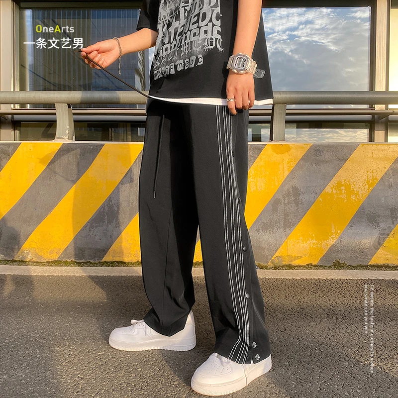 

Men's Summer Stripes Breasted 2021 New Straight Loose Wide Leg Draping Sports Pants