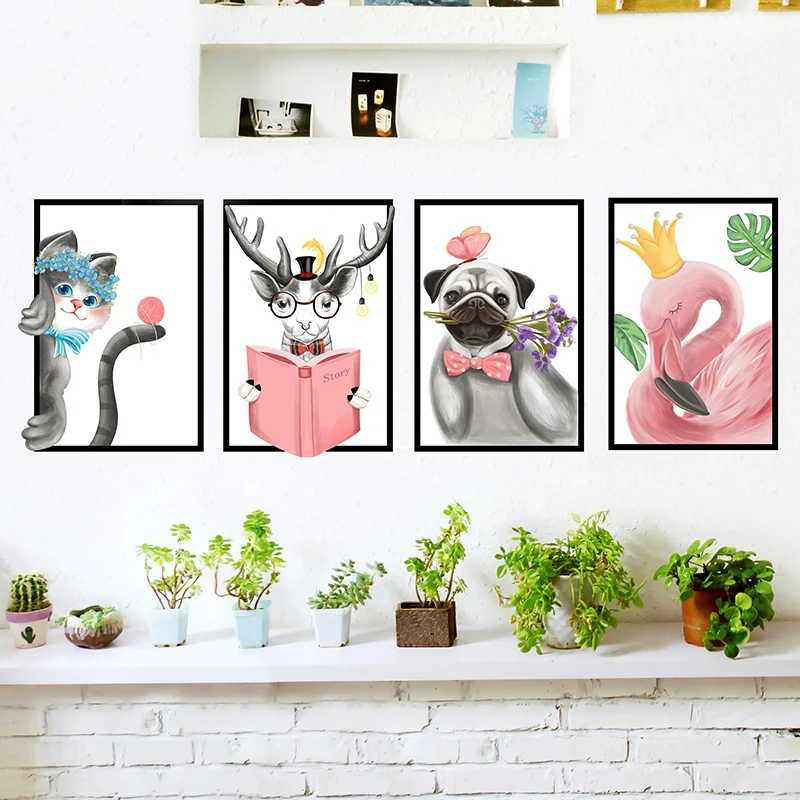 [SHIJUEHEZI] Мультяшные Животные наклейки на стену DIY Фламинго кошка олень собаки для