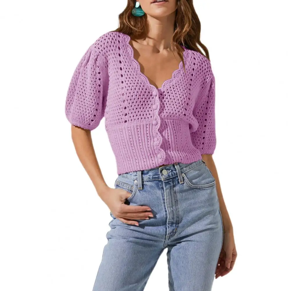 

2021 Zevity Women Sweater Hollow Out Puff Sleeve Autumn Solid Color Single-breasted V Neck Chic Knitted Top for Daily Wear pull