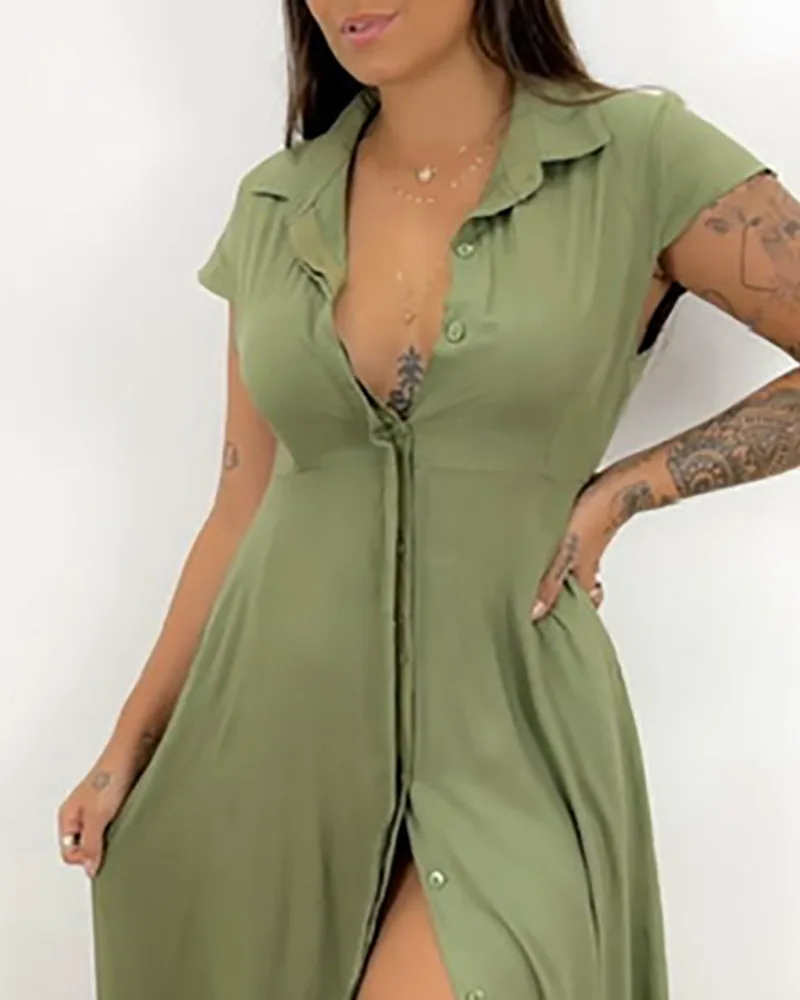 

2021 Fashion Short Sleeve Lapel Long Shirt Dress