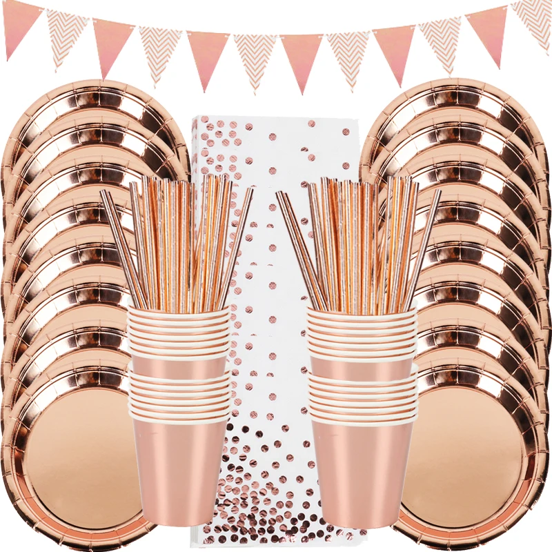 

Rose Gold Party Disposable Tableware Set Party Table Decoration Paper Cups Plates Straws Wedding Birthday Party Supplies