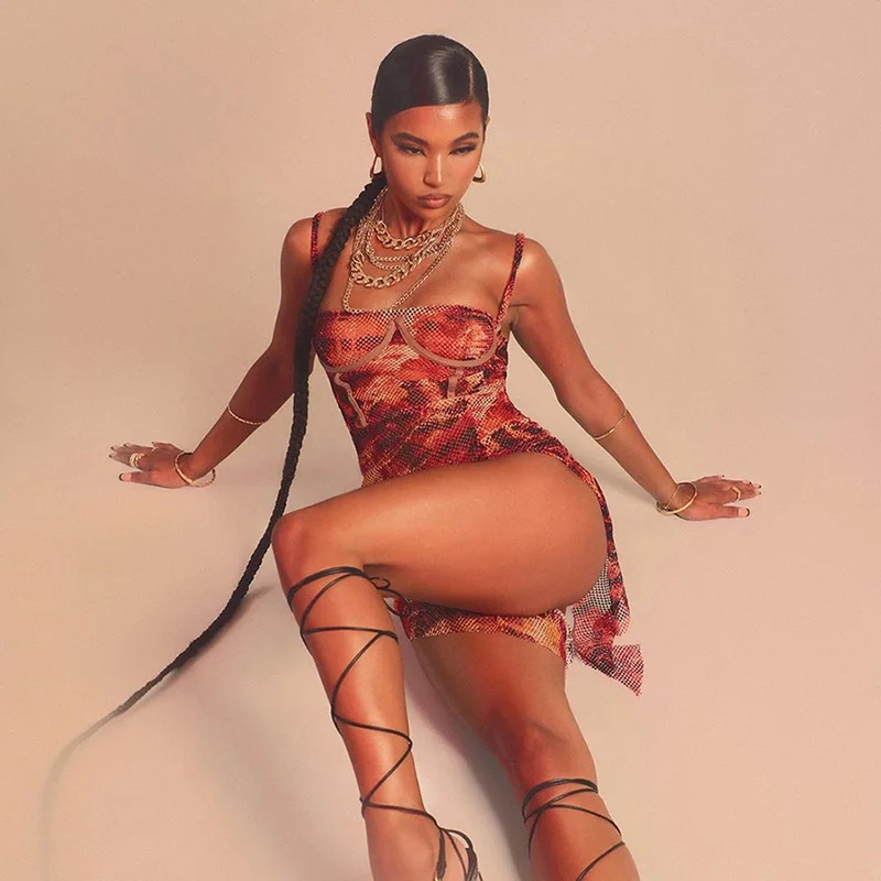 

Mesh Print Side Slit Bodycon Women Camisole Dress 2020 Fashion Sleeveless Backless Party Clubwear Hot Sexy Mini Dresses