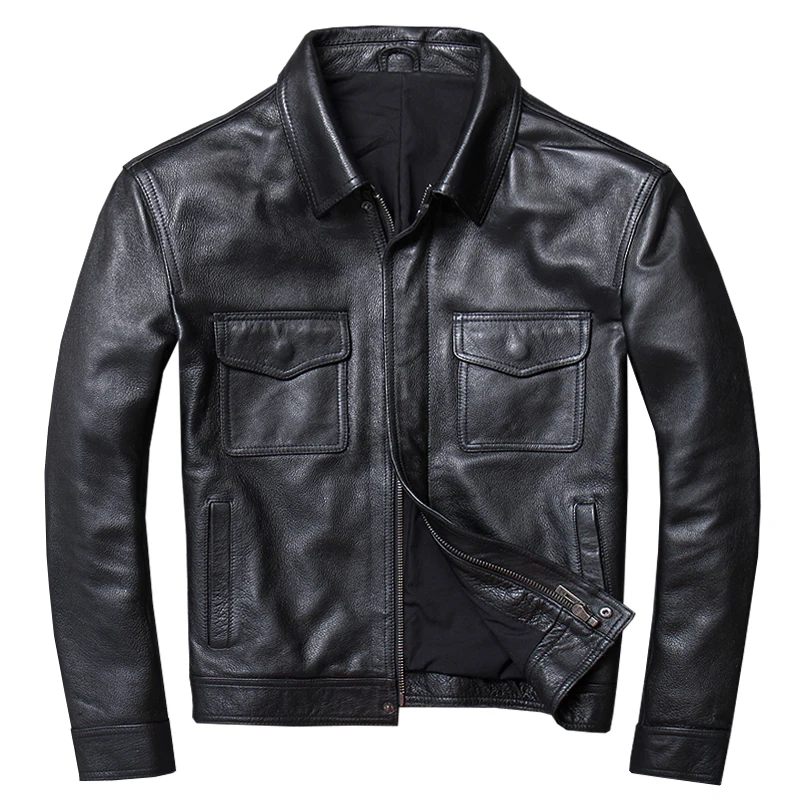 

2020 Fashion Cow Thick Casual Genuine Men Motorcycle Jacket Lapel Slim Fit Multi-pocket Leather Coat Male