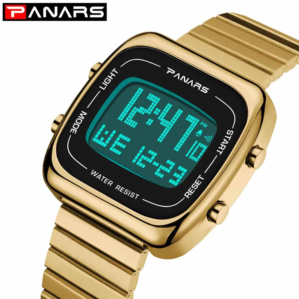 Часы наручные мужские деловые золотистые Классические цифровые с будильником из