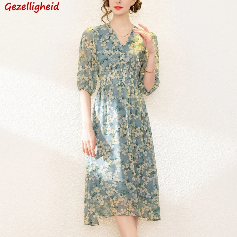 

Gezelligheid Dresses For Women 2021 Summer New Fashion Elegant Floral Slim Party V-Neck Boho Women's Holiday Beach Midi Dress