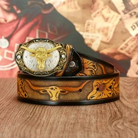 western cowboy mens leather dai personality embossed belt youth fashion trend domineering bull head buckle