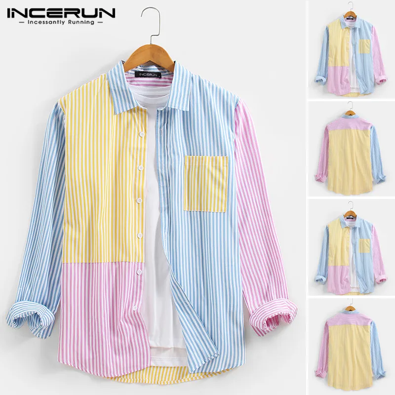 

Long Sleeve Lapel Neck Camisa INCERUN Mens Patchwork Shirts Leisure Striped Colorful Pockets Chemise Loose Buttons Blusas S-3XL