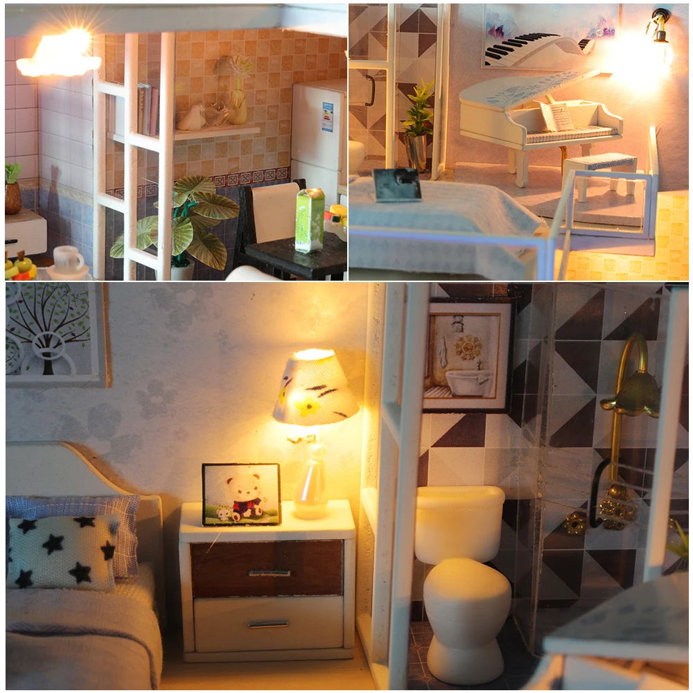 

DIY KIT House Miniature With Furniture LED Music Dust Cover Model Building Blocks Toys For Children Casa De Boneca J16