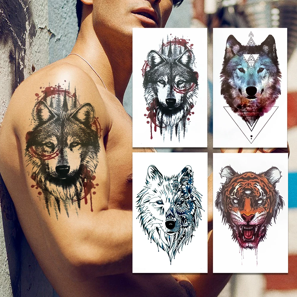 

Spray Wolf Temporary Tattoos For Men Women Sketch Geometric Coyote Tattoo Sticker Body Art Hand Realistic Watercolor Tiger Tatoo