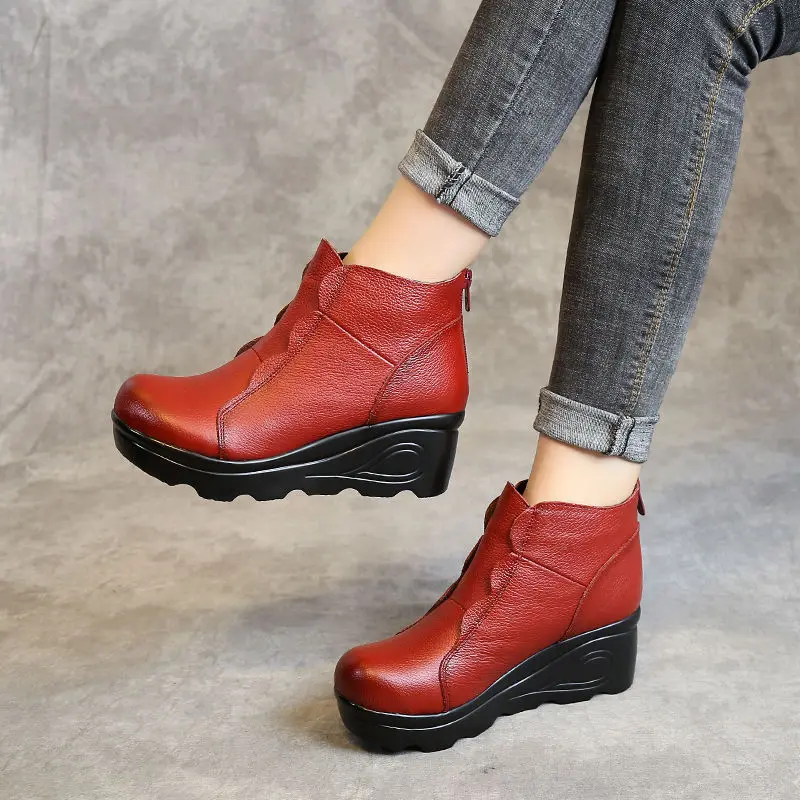 

Wedge Heel Chic Shoes Ladies Designer Blue Genuine Leather Ankle Boots For Women Low Heels Cowhide Mom Shoes 2021 Women's Boots