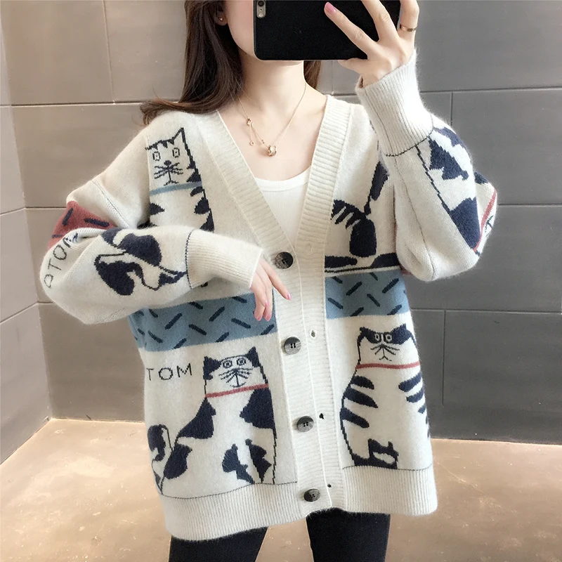 

Lady 's Sweater Cardigan Coat Spring And Autumn V-Neck Loose Single-Breasted Sweater Fashion