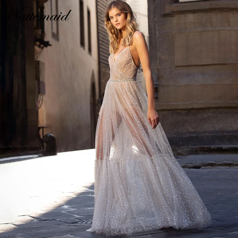 Женское длинное платье макси с блестками NATTEMAID Клубное вечернее на бретелях