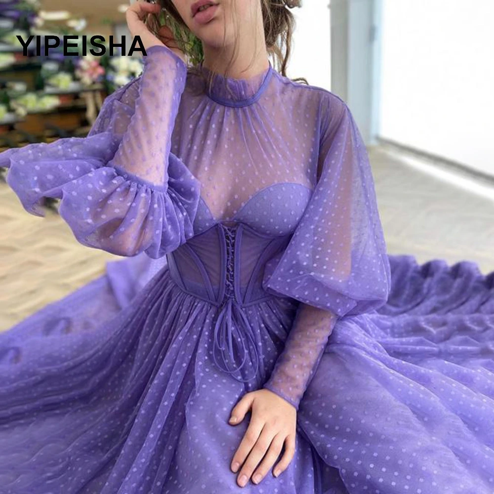 

Purple O-Neck Corseted Prom Dresses Long Sleeves Dotted Tulle Tea-Length Evening Dresses Exposed IIIusion A-Line Party Dresses